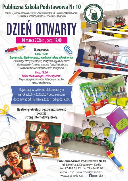 10 marca godzina 17.00 - Dzień Otwarty w Publiczna Szkoła Podstawowa nr 10 w Kędzierzynie-