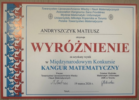 Wyróżnienie w Międzynarodowym Konkursie „Kangur Matematyczny”
