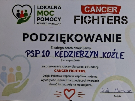 Podziękowanie za udział w akcji charytatywnej „Cancer Fighters”